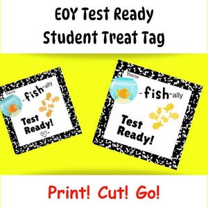 May include: Two square student treat tags with a black and white composition notebook border. Each tag has a fishbowl with a goldfish, the words "You're fish-ally Test Ready!" and a cluster of yellow fish. The top text reads "EOY Test Ready Student Treat Tag".