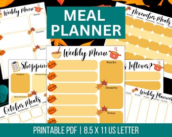 Op de afbeelding: Printbare maaltijdplanner met een herfstthema. De planner bevat wekelijkse menu's, boodschappenlijstjes en maaltijdplanningspagina's. De pagina's zijn versierd met pompoenen en herfstbladeren.