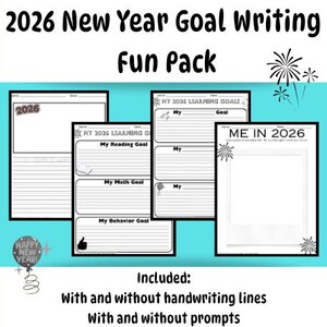Può includere: Una raccolta di fogli di lavoro stampabili per la definizione degli obiettivi per il 2026, intitolata "2026 New Year Goal Writing Fun Pack". I fogli di lavoro includono suggerimenti per gli obiettivi di lettura, matematica e comportamento, con e senza linee di scrittura e suggerimenti.