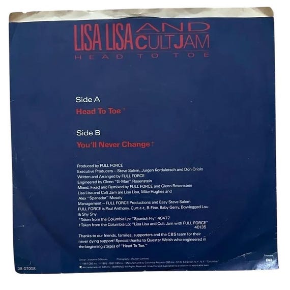 Head to Toe by Lisa Lisa and Cult Jam 38-07008 7” 45 RPM Vintage
