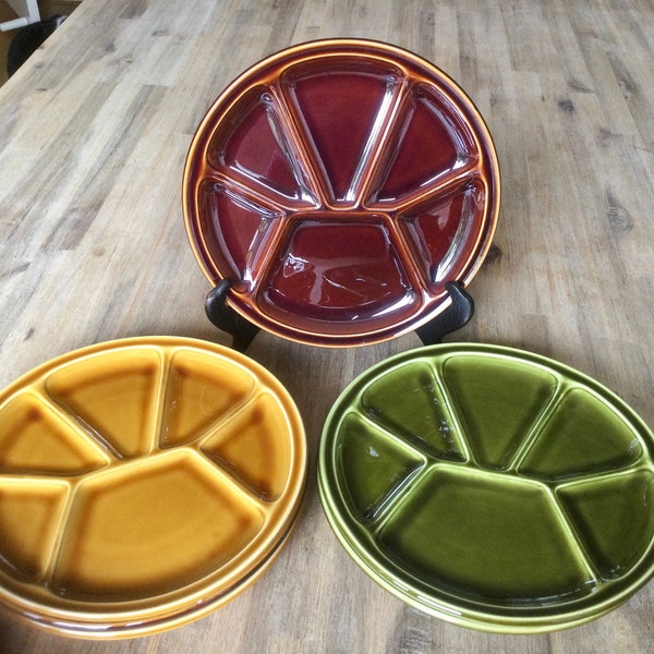 6 pièces d'assiettes à fondue en combinaison de couleurs rétro, jaune-vert-marron, lot de 6, marque GIEN, assiettes à fondue vintage