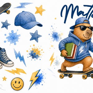 Puede incluir: Un conjunto de ilustraciones en acuarela que muestra un capibara con sudadera azul, gafas de sol y gorra, montando un monopatín y sosteniendo libros. El nombre Matteo aparece en letra azul. Incluye monopatín, gorra, lápiz, zapatillas, estrellas, rayos y una cara sonriente.