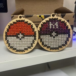 Handmade Poké Ball Keychain – Cross-Stitched on Wood – Regular or Master Ball – DMC Shimmer Floss or Matte – Custom Poké Balls Available
