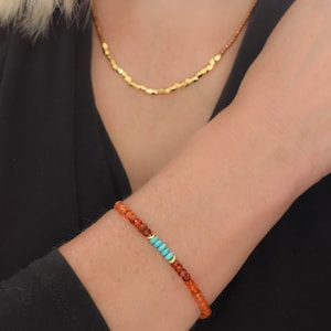 Carnelian & Turquoise Gemstone Bracelet – Ombre Orange Stack, Gold Accents, Stretch or Clasp, Sagittarius December Birthstone Gift