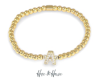 Custom Initial Bracelet – Gold-Filled or Gold-Plated | Personalized Gold Stretch Bracelet with CZ Letter | Gift for Her, Kids & Teens