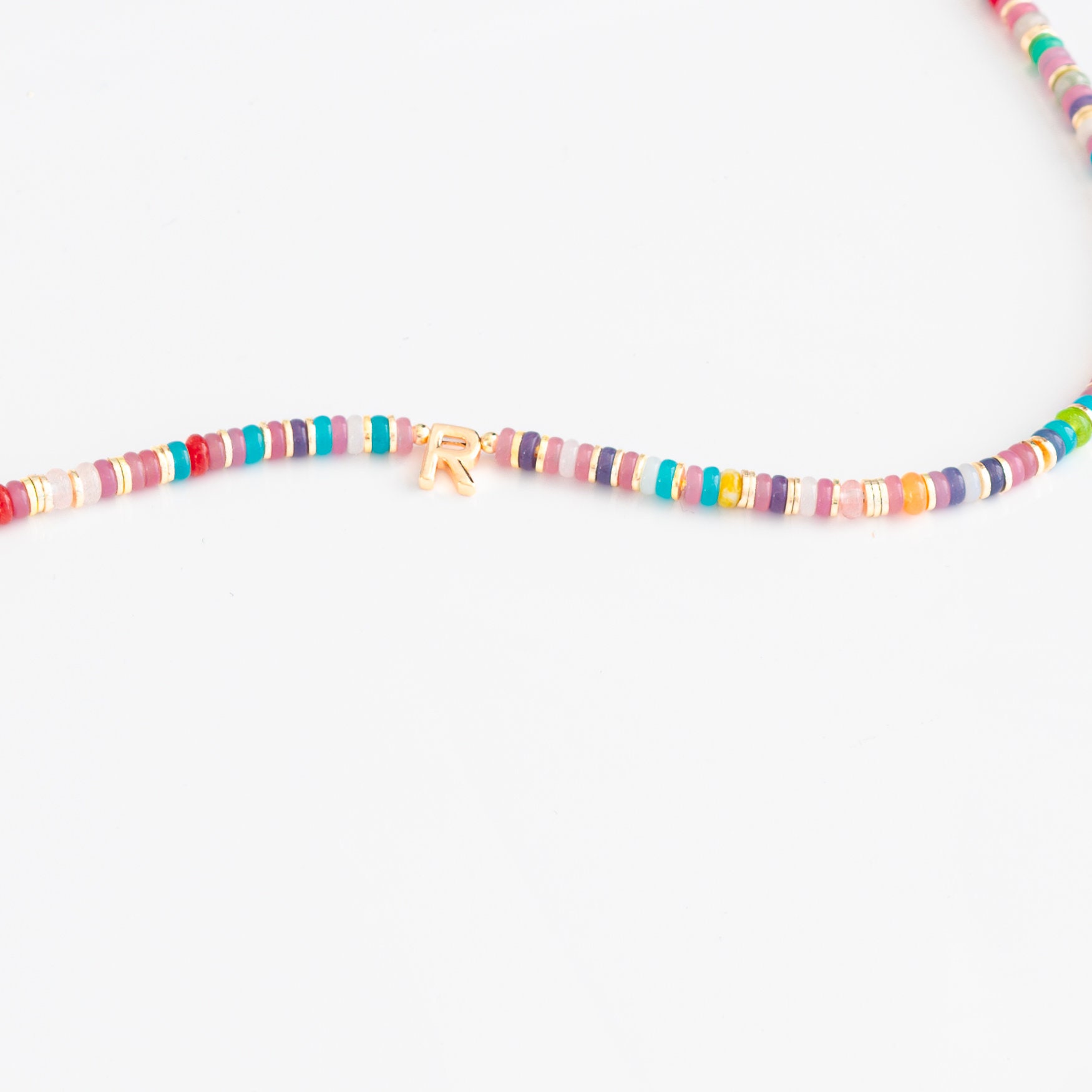 Custom Initial Necklace: 14k Gold Plated Letter, Jasper & Quartz Beads