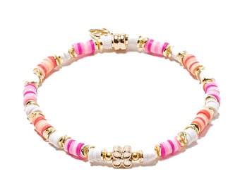 Hübsches kleines Gold-gefüllte Blume Stabiles Heishi Stretch Armband mit Pink, Orange und Weiß mit vergoldeten Akzenten