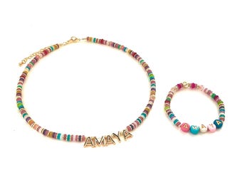 Custom Name Necklace and Bracelet Set: Jasper, Quartz & 14k Gold