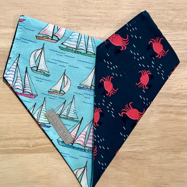 Sailin’ away Bandana, Handmade, hand sewn, reversible, collar bandanna, dog bandanna, cat bandanna, boats, crabs, ocean, red, blue