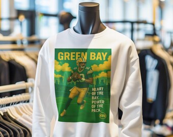 Sudadera unisex de fútbol profesional de Green Bay: "Corazón de la Bahía. Poder de la Manada". Camiseta inspirada en Jordan Love. Regalo para fanáticos del deporte.