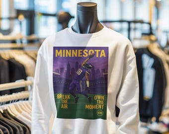 Sudadera unisex de fútbol americano profesional de Minnesota: "Rompe el aire. Vive el momento". Camiseta inspirada en Justin Jefferson. Regalo para aficionados al deporte.