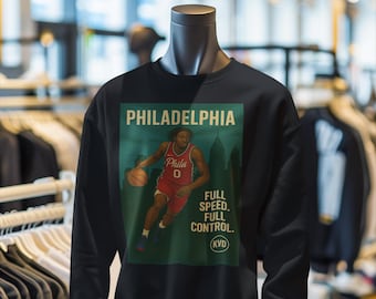 Sudadera unisex de baloncesto profesional de Filadelfia: "Velocidad máxima. Control máximo". Camiseta inspirada en Tyrese Maxey. Regalo para aficionados al deporte.