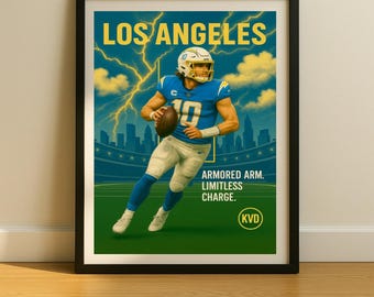 Los Angeles Pro Football Wall Art - “Armored Arm. Limitless Charge.” | Justin Herbert Inspired Poster | Sports Fan Gift