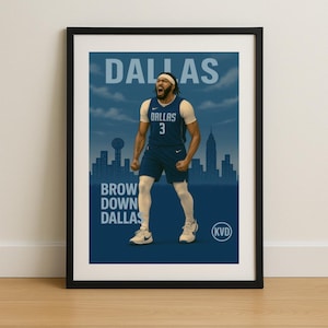 DAL – Plakat koszykarski Dallas Skyline – „Brow Down Dallas” – zawodowa sztuka koszykówki, dekoracja sali sportowej, prezent dla fanów