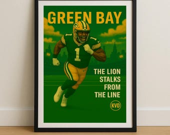 Green Bay Pro Football Wall Art - “The Lion Stalks from the Line.” | Micah Parsons Inspired Poster | Sports Fan Gift