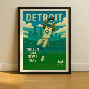 DET – Pôster do horizonte do futebol americano de Detroit – “O Deus Sol Nunca se Põe” Arte de parede para futebol americano profissional, decoração para sala de esportes, presente para fãs de esportes