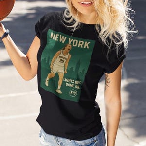 NY – New York Skyline basketbal-T-shirt voor dames – &#39;Lights Out. Game-On.” T-shirt basketbal, uniseks T-shirt, cadeau sportfan