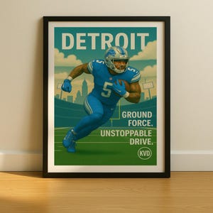DET – Detroit Football Skyline Poster – “Ground Force. Unstoppable Drive.” Wall Art Print, Sports Room Decor, Sports Fan Gift