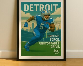Detroit Pro Football Wall Art - “Ground Force. Unstoppable Drive.” | David Montgomery Inspired Poster | Sports Fan Gift
