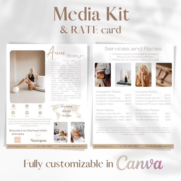 2 Page Media Kit Canva Template,Instagram, Influencer, Blogger, TikTok, YouTube Media Kit, Rate Card Template,Social Media Kit, Tan