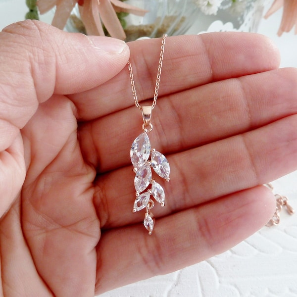 Chain flower leaf drop cluster zirconia romantic bridal crystal flower marquise bridal earrings wedding jewelry zikon rose gold