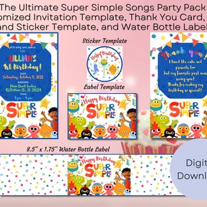 De ultieme Super Simple Songs-feestbundel met een gepersonaliseerde uitnodiging, bedankkaart, label, sticker en waterfleslabel en meer!