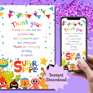 スーパーシンプルソングのサンキューカード、印刷可能、デジタル、PNG、PDF、スーパーシンプルソングの誕生日パーティーの飾り付けと備品