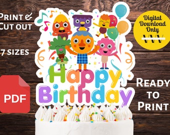 May include: A colorful birthday cake topper with the words "Happy Birthday" in large, multi-colored letters. The topper features cartoon characters, balloons, and musical notes. Text on the image includes "Print & Cut Out," "7 Sizes," "Digital Download Only," and "Ready to Print."
