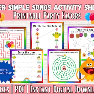 May include: Printable activity sheets for a party, featuring a colorful monster design. The sheets include mazes, tracing lines, and matching characters. The text on the sheets reads "Super Simple Songs Activity Sheets Printable Party Favors".