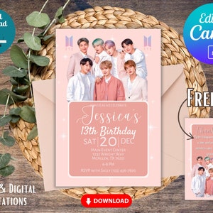Cartão de aniversário do BTS e conjunto de brindes - convite digital para impressão | Artigos de festa BTS, decoração de celebração, download digital, modelo editável