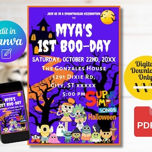ハロウィーン スーパーシンプルソングス招待状 | デジタルダウンロード | 編集可能なテンプレート | スーパーシンプルソングス バースデーカード、Canva テンプレート、PDF ファイル