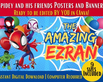 Poster e striscioni per il compleanno di Spidey e i suoi amici: modello Canva modificabile (download digitale)