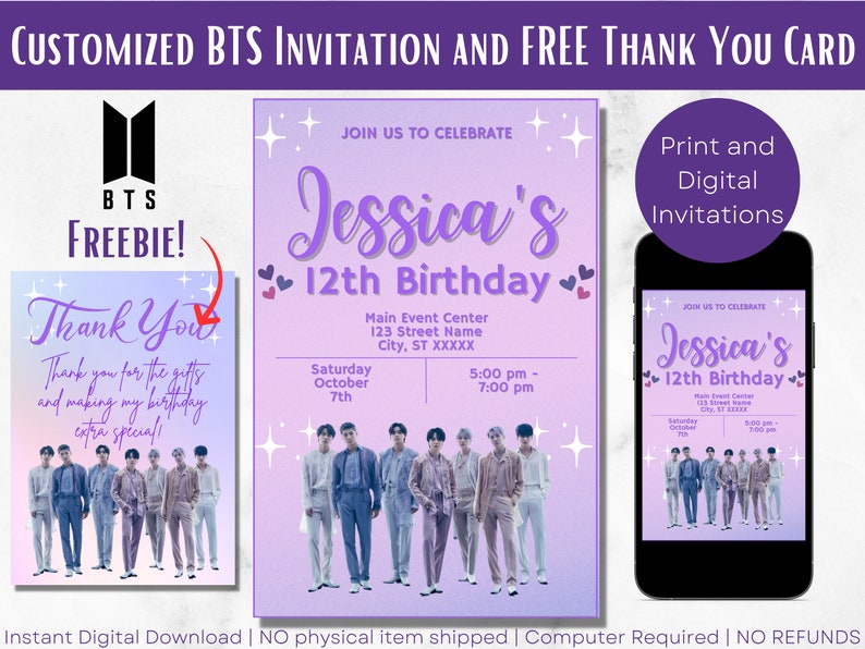 BTS Birthday Invitation Template + FREE Thank You Card (digital ...