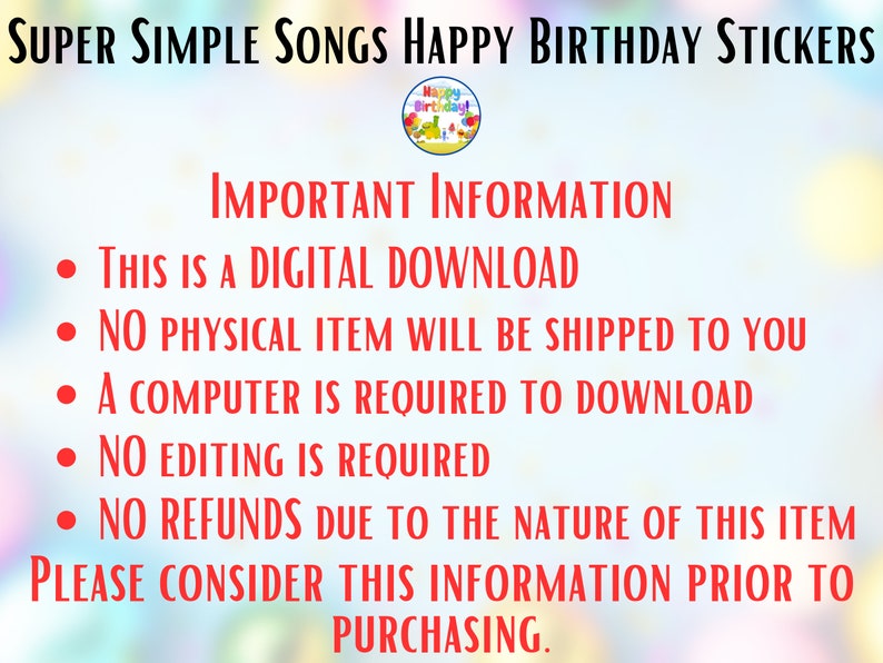Super Simple Songs Happy Birthday Stickers Printable - Etsy