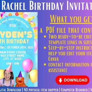 Ms. Rachel Birthday Invitation, Print and Digital Invitations, Editable ...