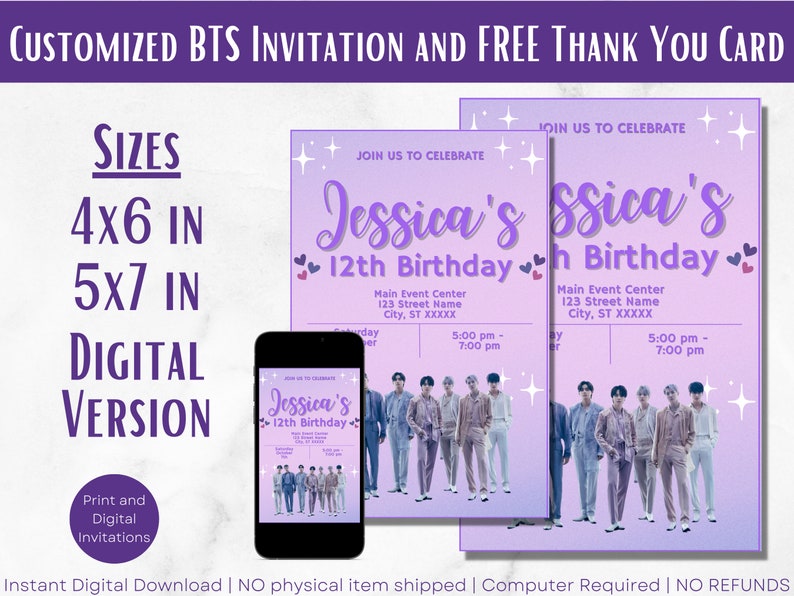BTS Birthday Invitation Template + FREE Thank You Card (digital ...