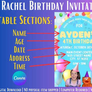 Ms. Rachel Birthday Invitation, Print and Digital Invitations, Editable ...