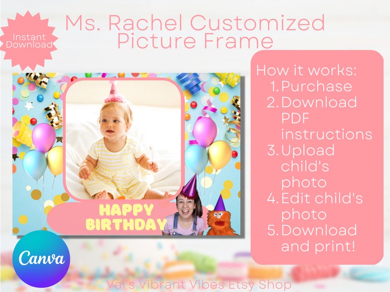 Ms. Rachel Birthday Picture Frame: Editable Canva Template (PDF, PNG ...