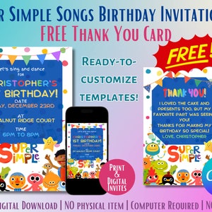Super Simple Songs Birthday Invitation and FREE Thank You Card, Editable Templates, Customized Birthday, Print and Digital Invitations