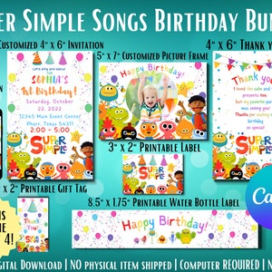 Super Simple Songs Birthday Bundle, Kids Birthday Party Bundle, Editable Invitation, Printable Labels, Gift Tags, Water Bottle Label & more!