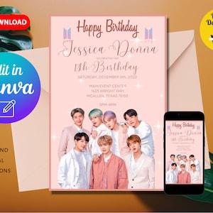 Impressão BTS e convite digital | Convites de festas personalizados do BTS | Comemoração de aniversário do Kpop | 4x6, 5x7 | Modelo editável, download digital