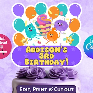 May include: Purple cake topper with a purple, yellow, and orange cartoon design. The topper says "Addison's 3rd Birthday!" and features a cake, balloons, and cartoon characters.