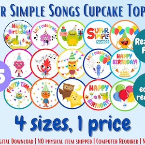 Super Simple Songs Birthday Cupcake Toppers, 15-Piece Set, Ready to Print, Instant Download, Baby Birthday, Toddler Birthday, 4 sizes