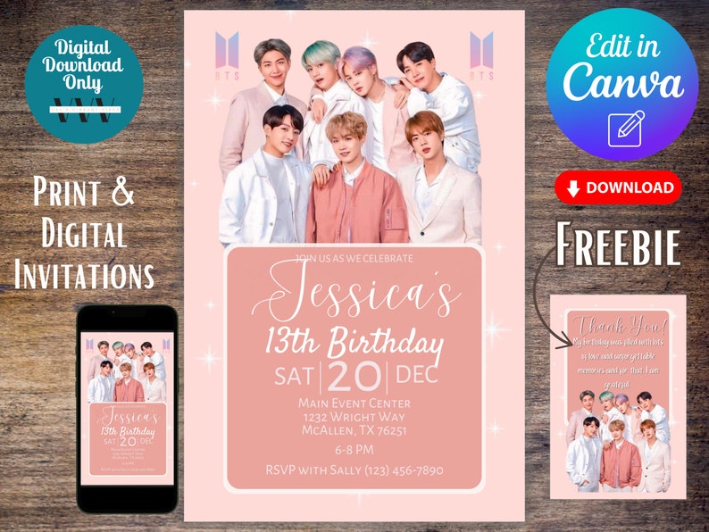 BTS Birthday Invitation & Freebie Set: Editable Template (digital ...
