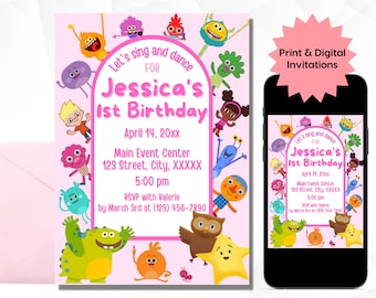 May include: Pink and white printable invitation with colorful cartoon characters for a first birthday party. The invitation says "Let's sing and dance for Jessica's 1st Birthday!" with the date, time, location, and RSVP information.
