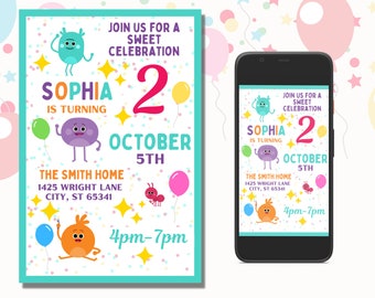 Invitación de cumpleaños de Bumble Nums: Tema de fiesta personalizable (PDF)