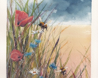 A4 Quality Giclee Print of my Original Watercolour Artwork. WildFlower Meadow with Bees by British Artist Emma Bickmore