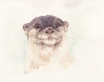 Original Loosely Painted Watercolour Artwork. Genuine Hand Painted Unique Portrait of an Otter by British Artist Emma Bickmore