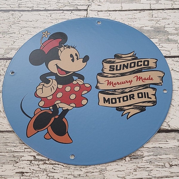 Vintage Sunoco Gasoline Porcelain Minnie Mouse Gas & Motor Oil Service Station Pump Plate Sign