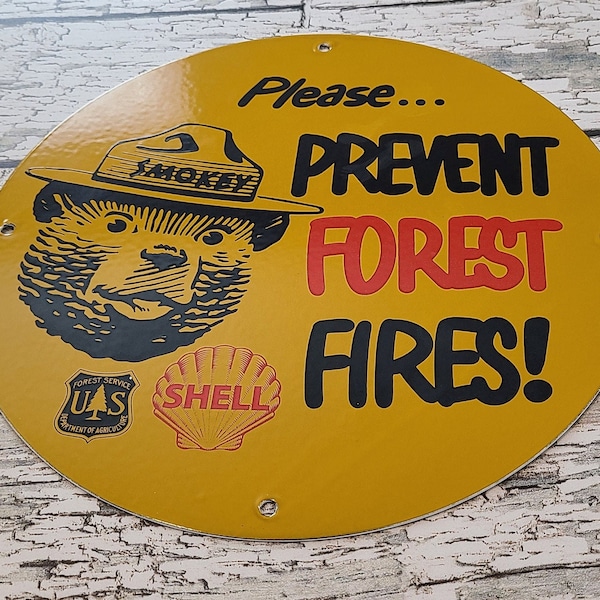 Vintage Shell Gasoline Porcelain Smokey the Bear Gas Pump Plate Sign